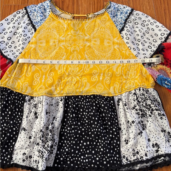 JOHN MARK PATCHWORK PEASANT BLOUSE * YELLOW, RED, BLUE & BLACK FLOWY TOP - Picture 4 of 6